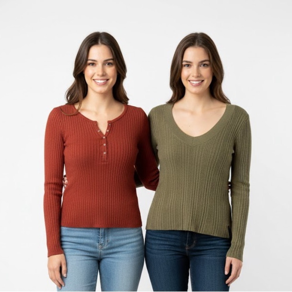 Bundle Zara/Planet Gold Ribbed Long Sleeve Tops in burnt orange and Green
